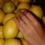 Hand wearing a lab-grown diamond ring resting on yellow lemons