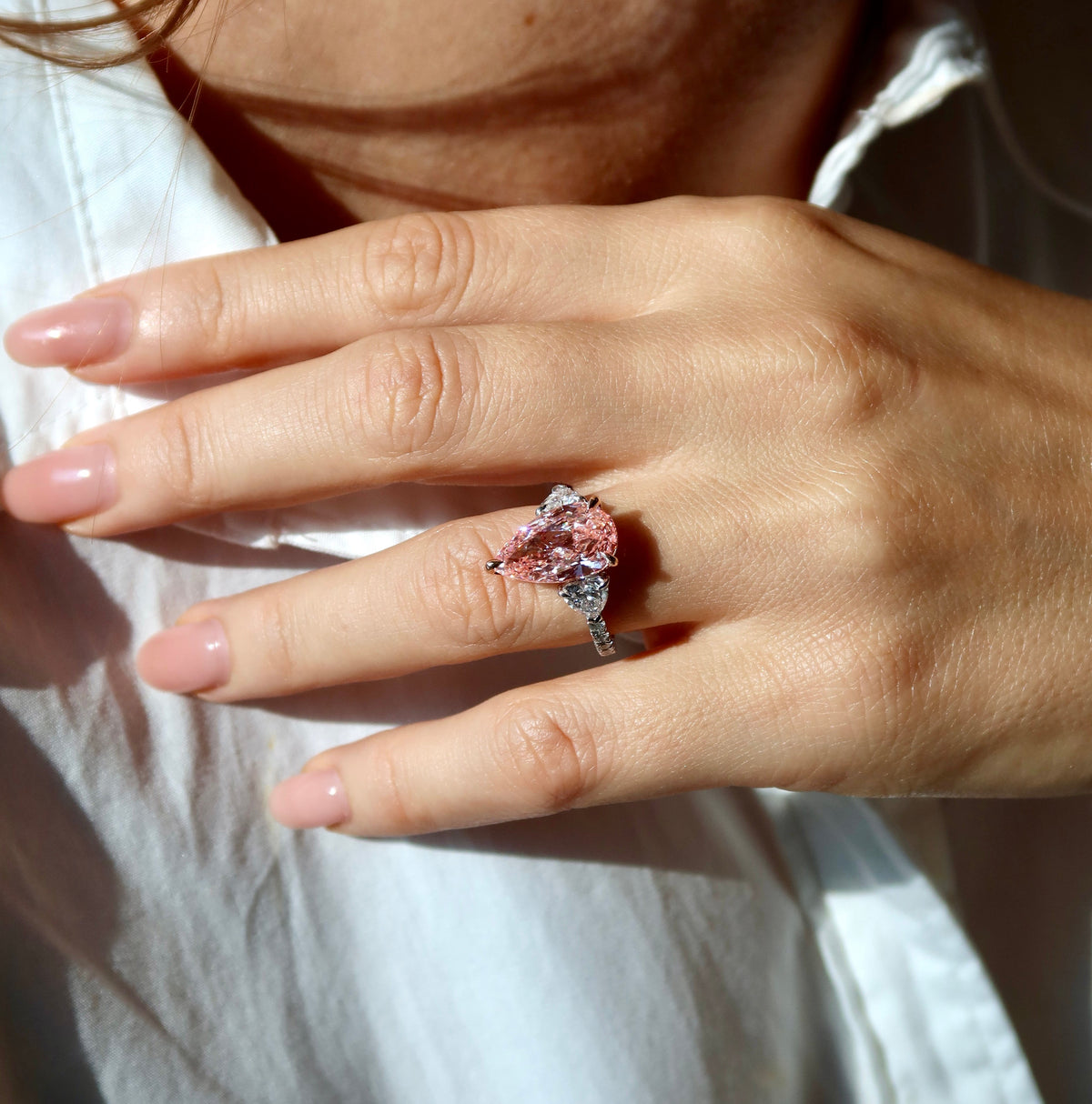 4.02 Ct Fancy vivid Pink Rose Pear shape lab grown diamond ring with side diamonds