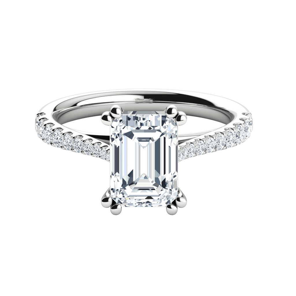 Emerald cut lab-grown diamond engagement ring with pavé diamond band on white gold