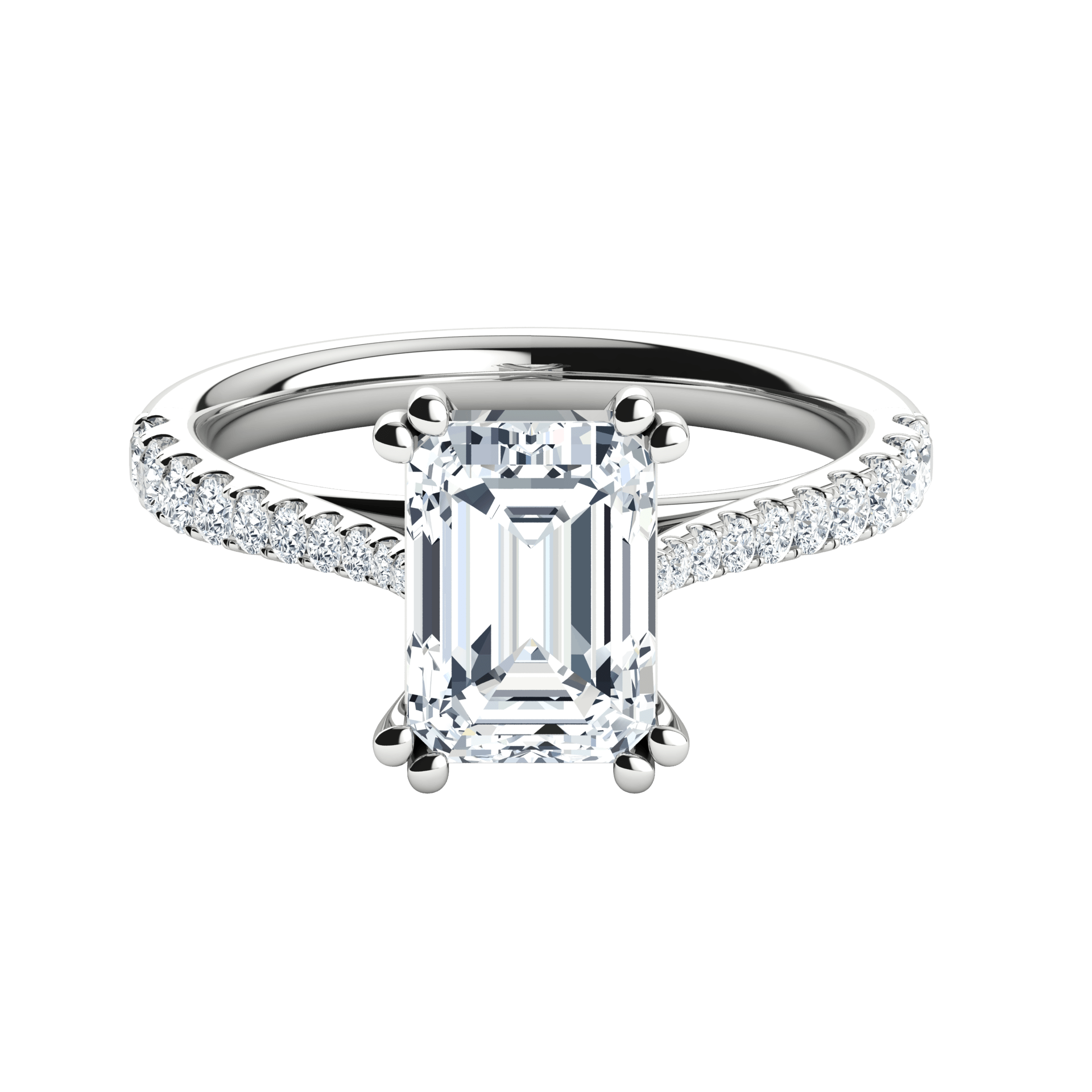 Emerald cut lab-grown diamond engagement ring with pavé diamond band on white gold