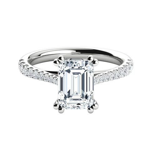Emerald cut lab-grown diamond engagement ring with pavé diamond band on white gold