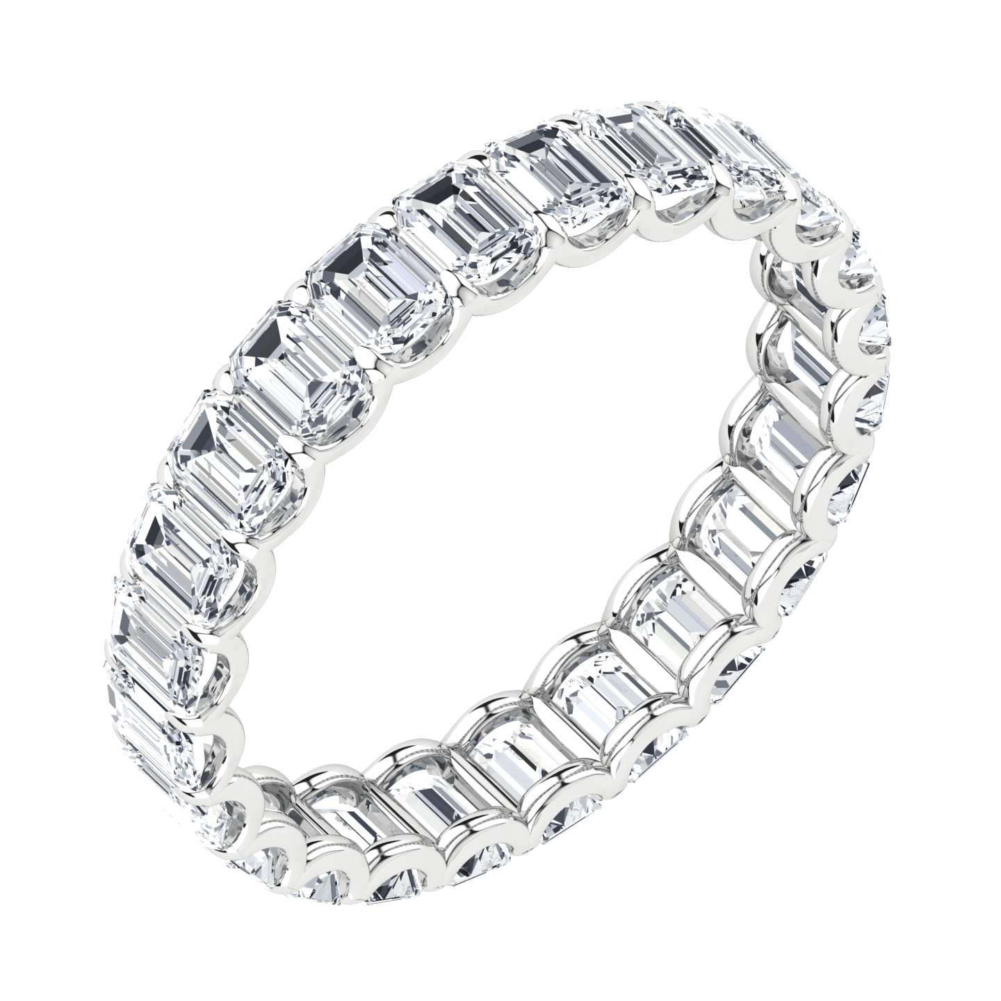 Lab-grown diamond eternity ring with emerald-cut stones set in white metal on black background