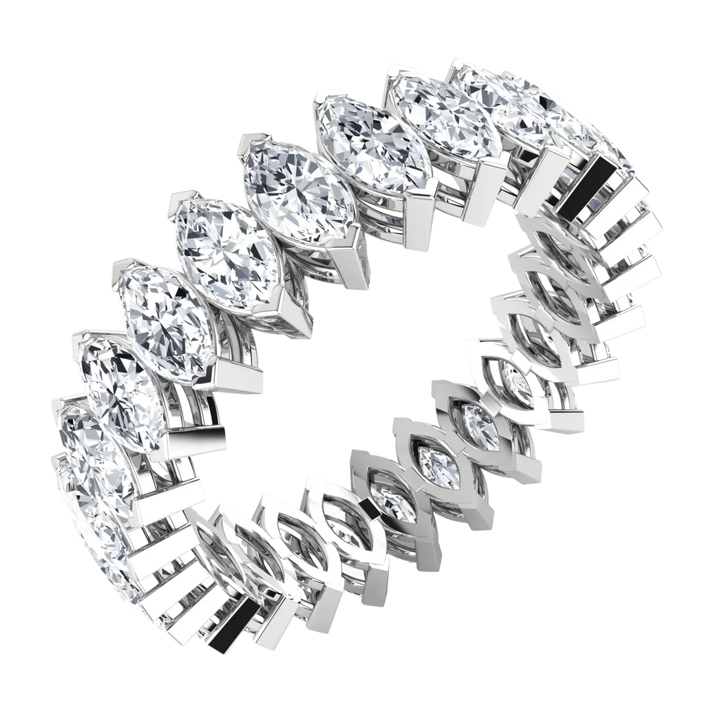 Marquise-cut lab-grown diamond eternity ring in white gold on black background