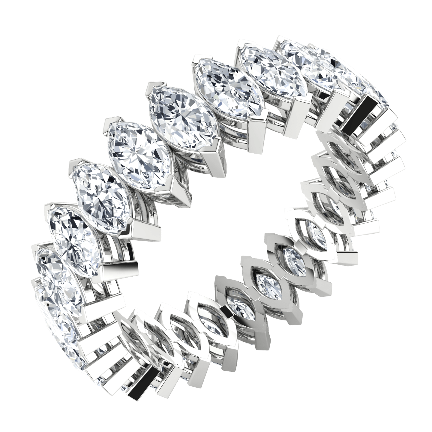 Marquise-cut lab-grown diamond eternity ring in white gold on black background