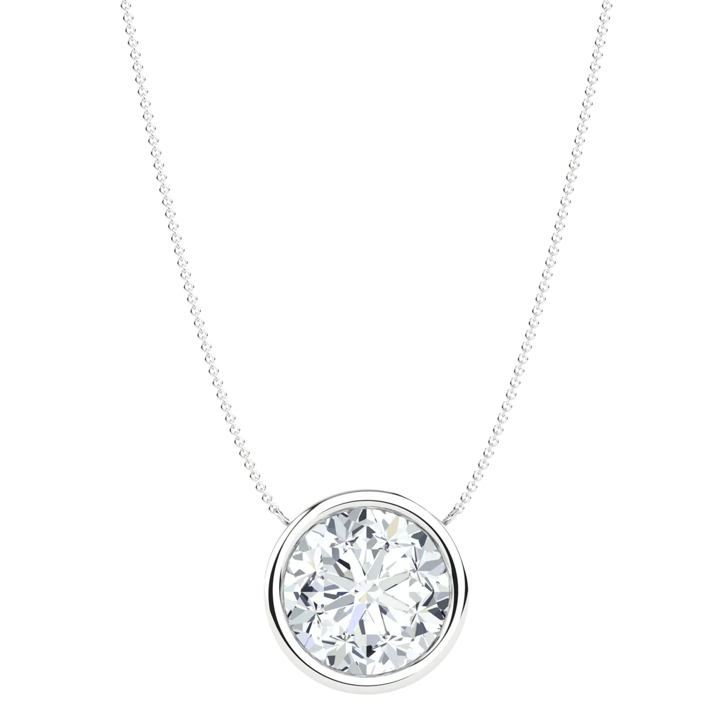 Lab-grown diamond solitaire pendant necklace in a bezel setting on a fine chain