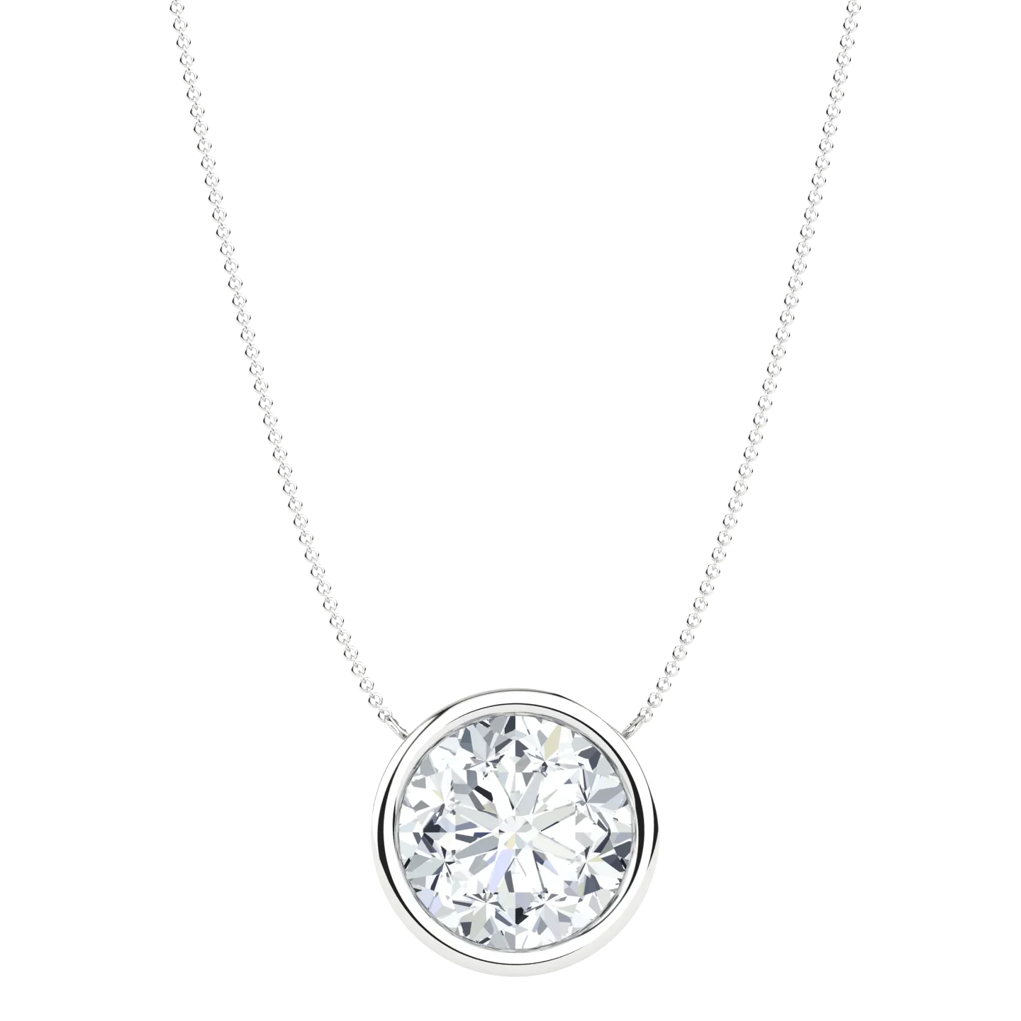 Lab-grown diamond solitaire pendant necklace in a bezel setting on a fine chain