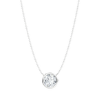 Lab-grown diamond solitaire necklace with round bezel pendant on silver chain, black background