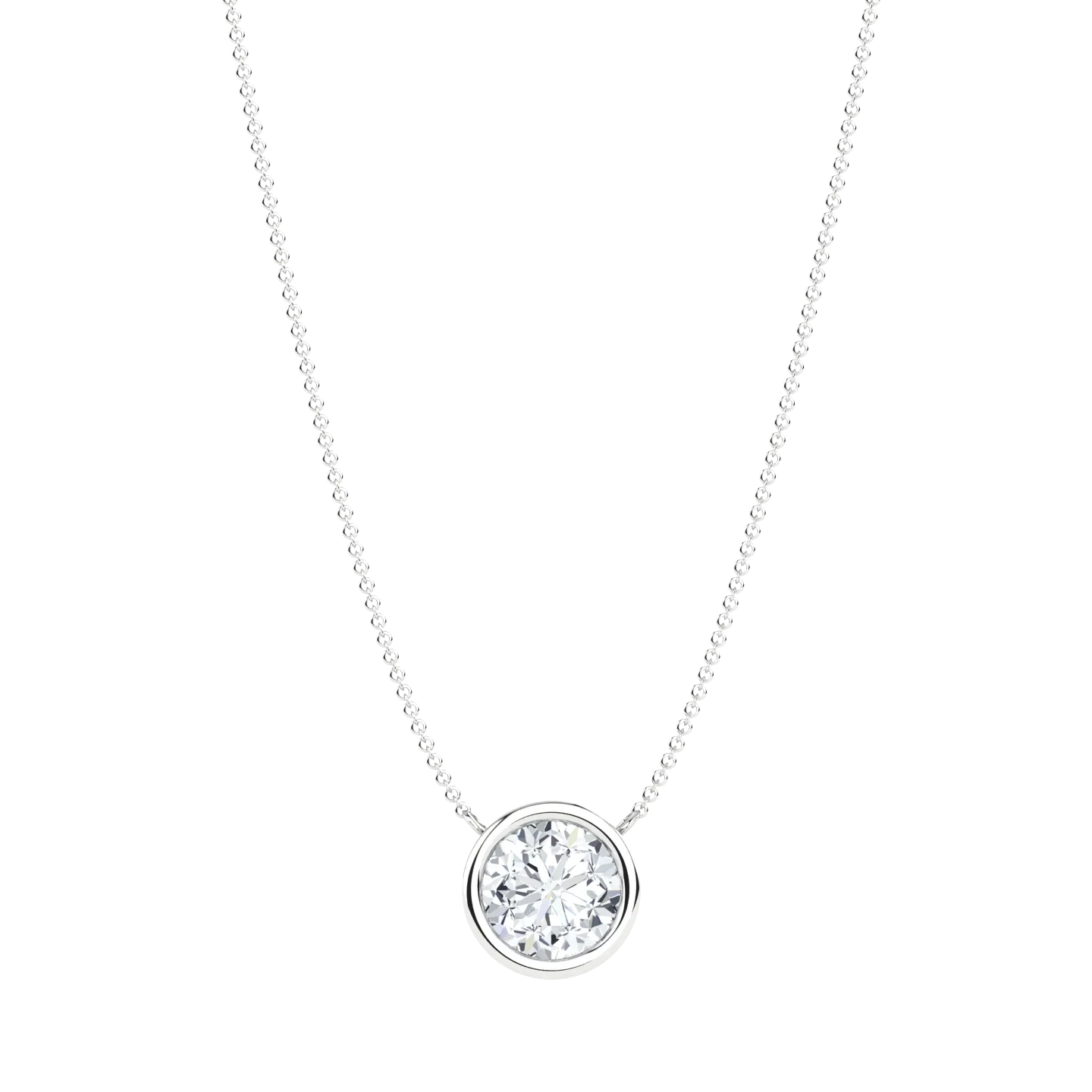 Lab-grown diamond solitaire necklace with round bezel pendant on silver chain, black background