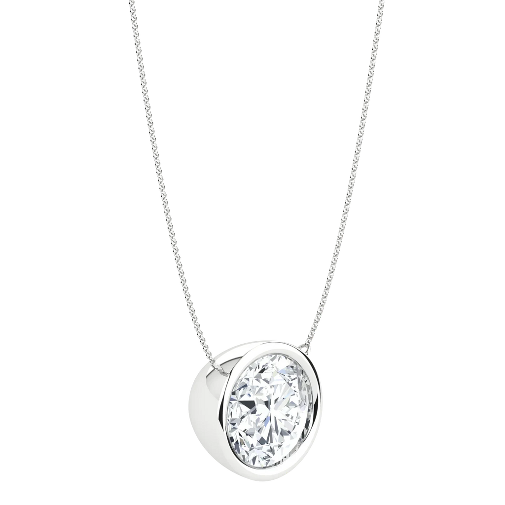 Lab-grown diamond pendant necklace with round solitaire in a white gold bezel setting
