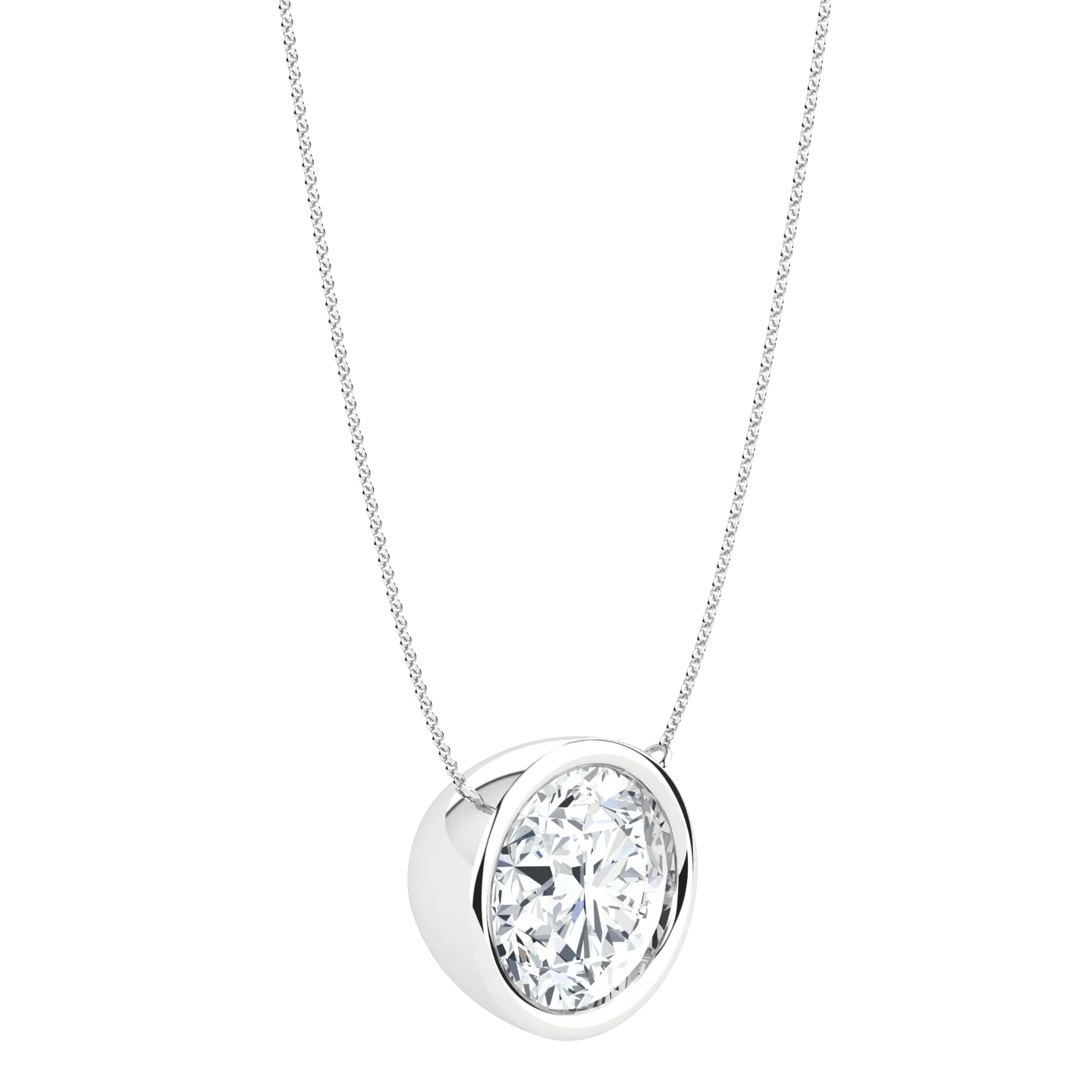 Lab-grown diamond pendant necklace with round solitaire in a white gold bezel setting