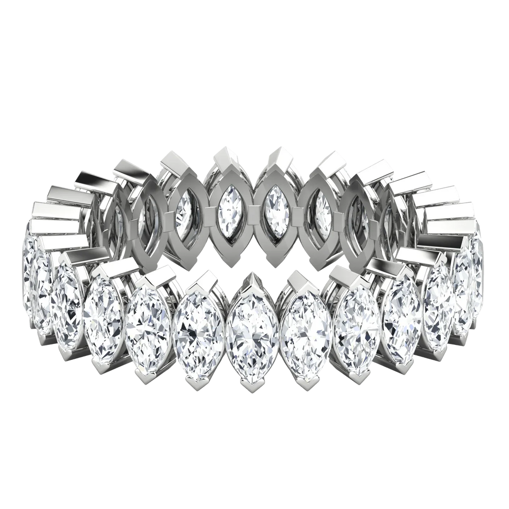 Marquise cut lab-grown diamond eternity band in white gold on black background