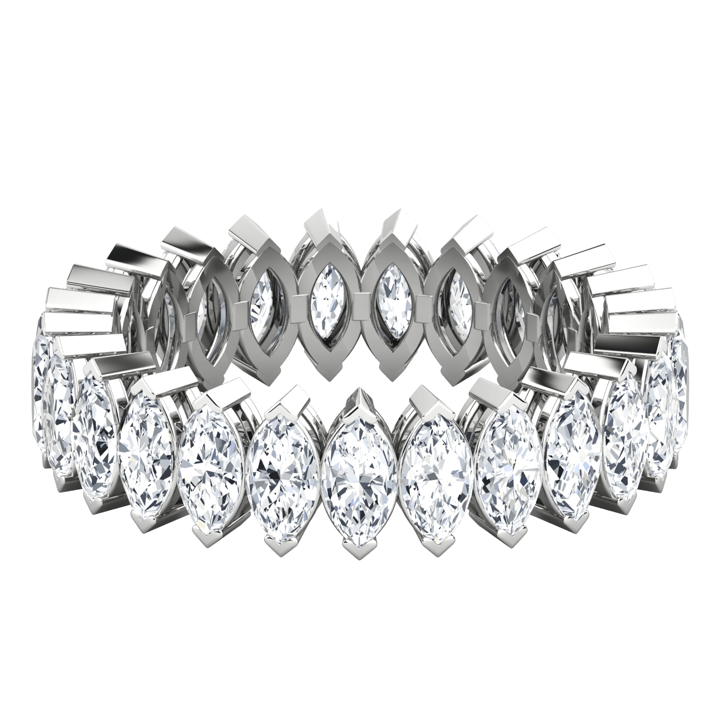 Marquise cut lab-grown diamond eternity band in white gold on black background