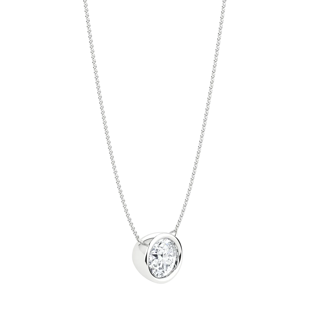 Round lab-grown diamond pendant necklace in a bezel setting on a silver chain