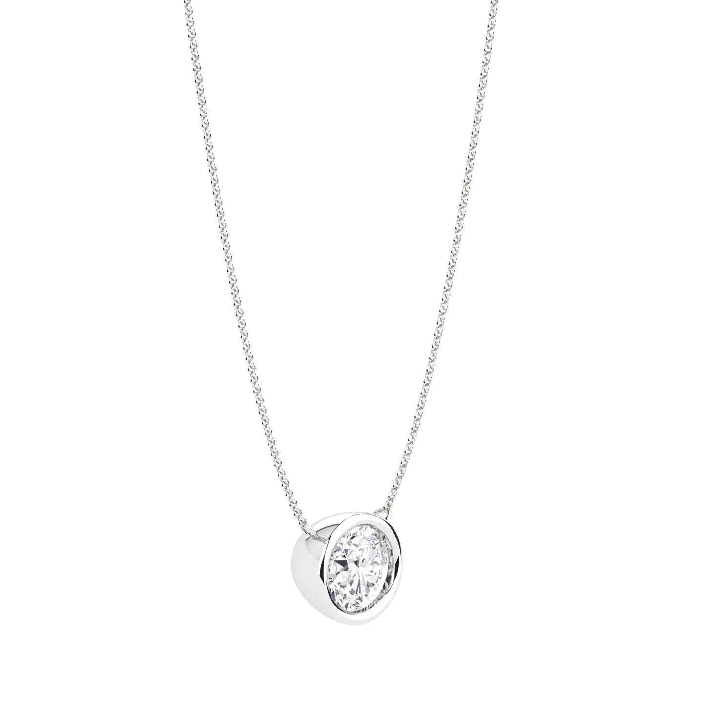 Round lab-grown diamond pendant necklace in a bezel setting on a silver chain