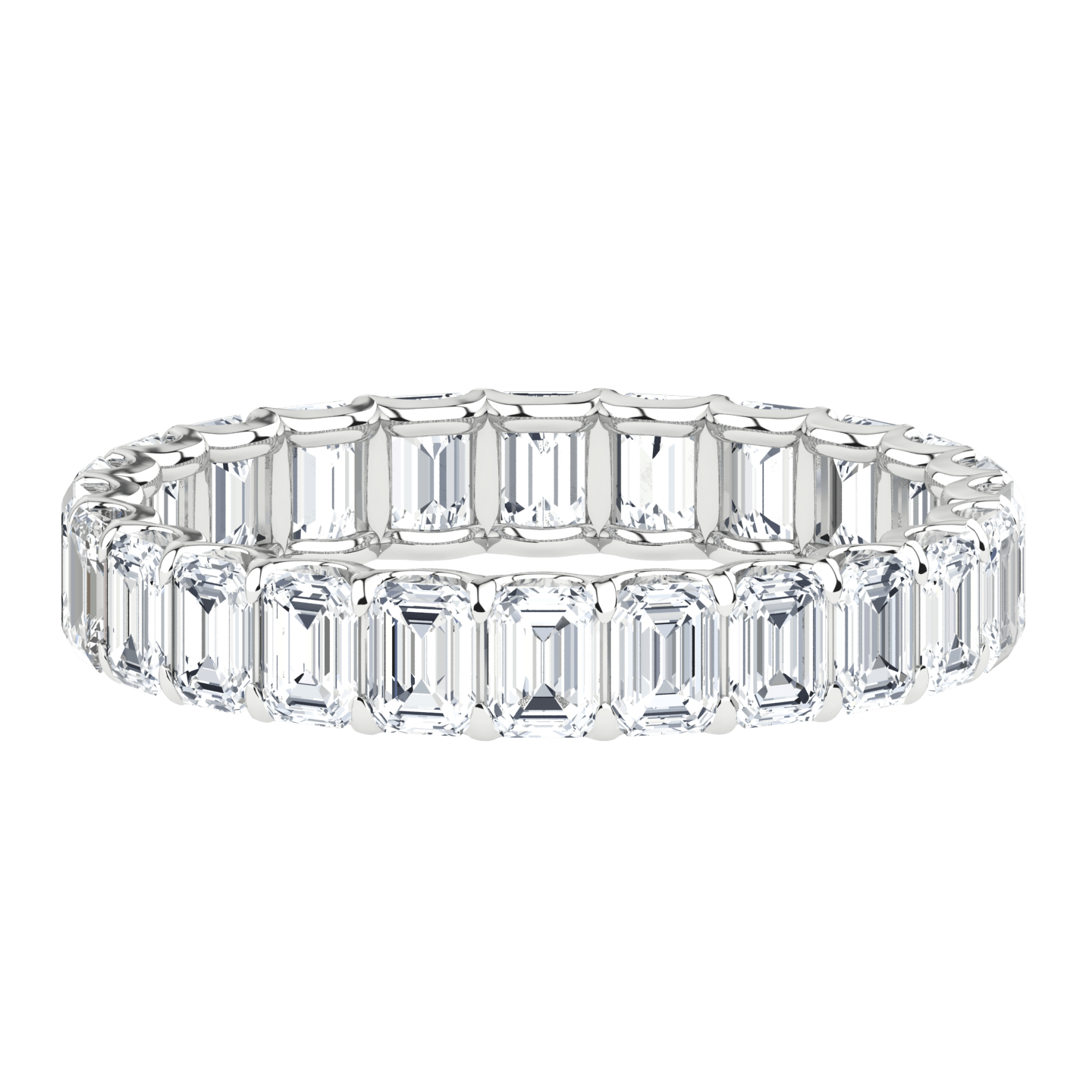 Emerald cut lab-grown diamond eternity band in white gold on black background