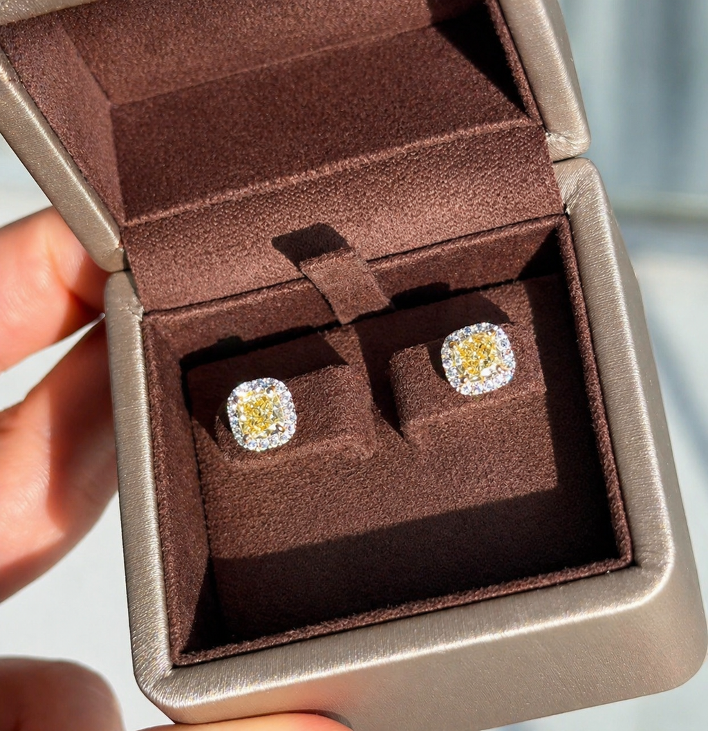 0.90 Ct each Fancy Yellow Cushion Studs Earrings
