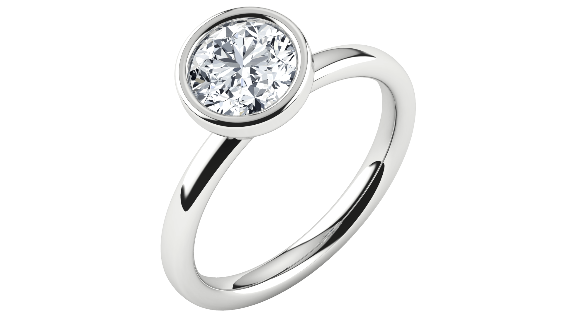 Solitaire lab-grown diamond ring with bezel setting on polished white gold band
