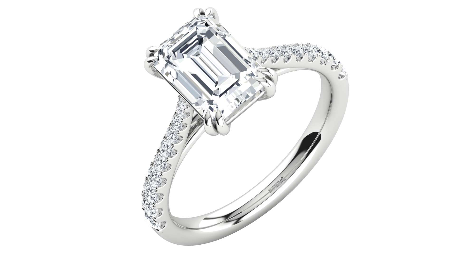 Emerald cut lab-grown diamond engagement ring with pavé band on white gold setting