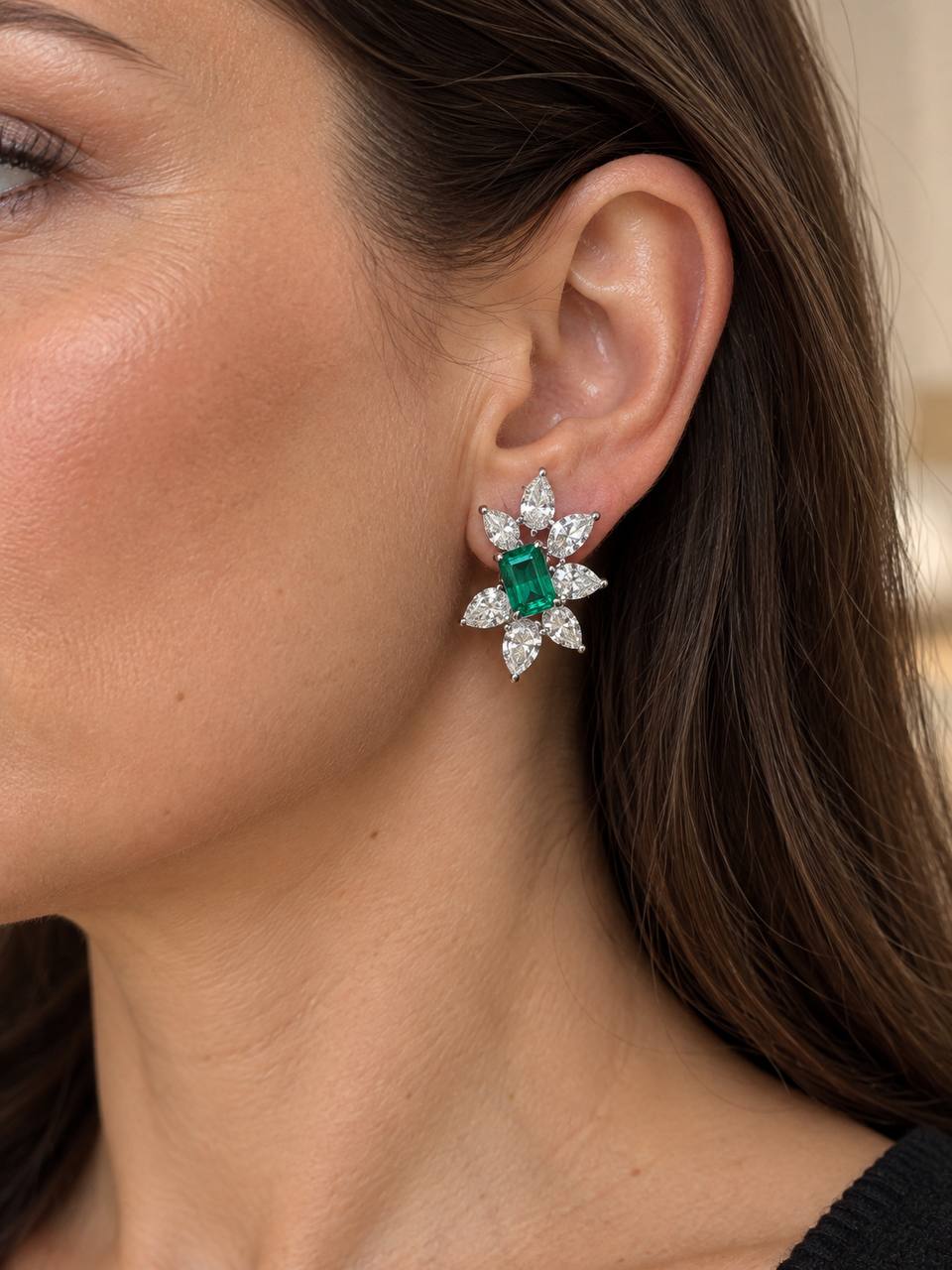0.80 Ct each Natural Emerald Stud Earrings with 6.51 cttw Natural Diamonds