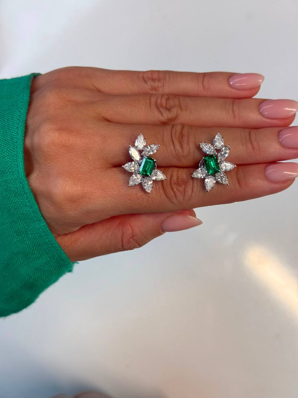 0.80 Ct each Natural Emerald Stud Earrings with 6.51 cttw Natural Diamonds