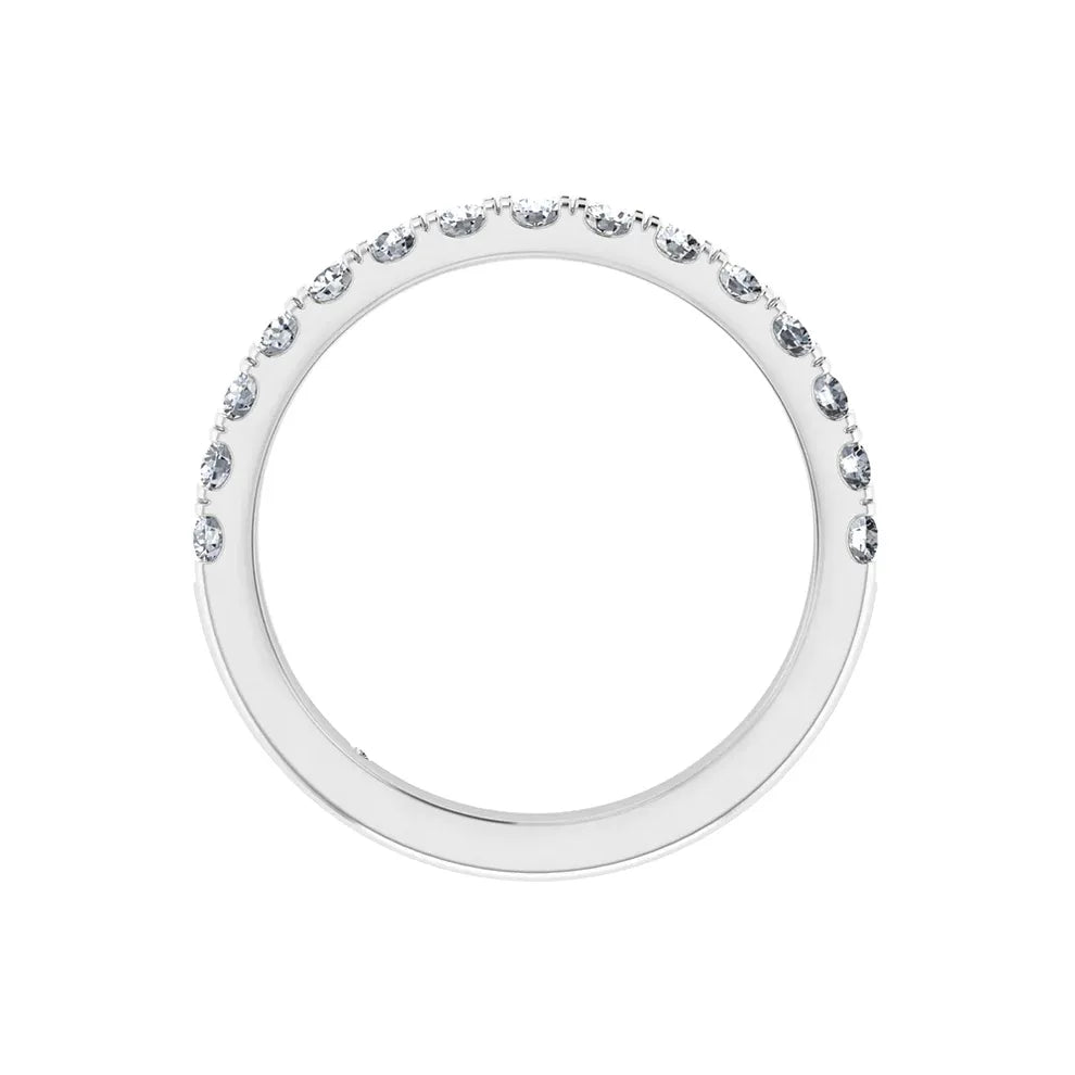 White gold lab-grown diamond eternity band with round-cut stones on a white background