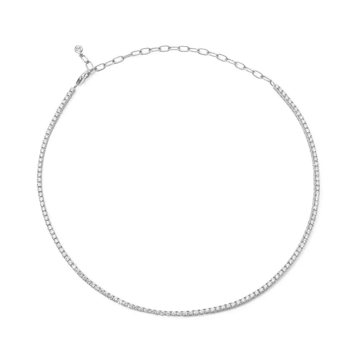 Lab-grown diamond tennis necklace with adjustable chain on white background
