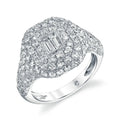 White gold ring with lab-grown diamonds in baguette and round cuts, pavé setting