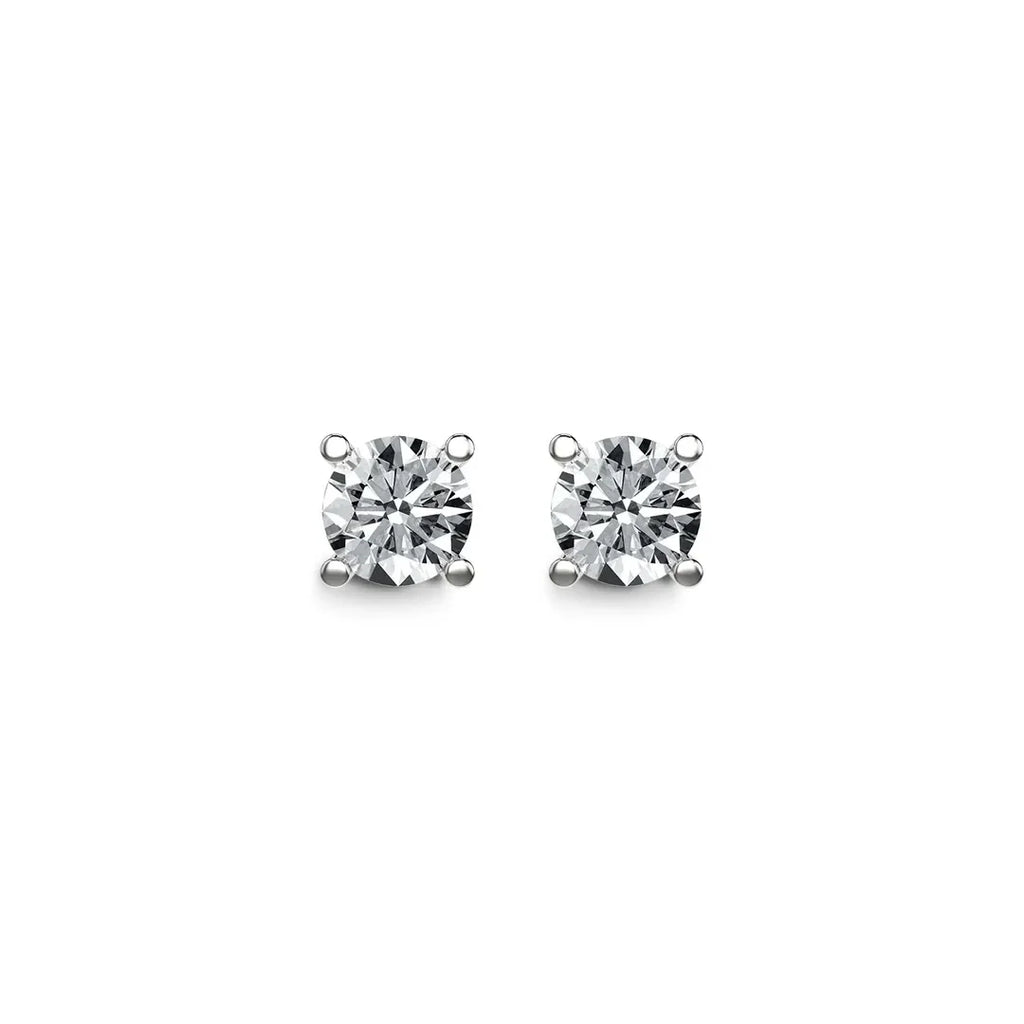 Round lab-grown diamond stud earrings with four-prong white gold settings on white background