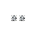 Round lab-grown diamond stud earrings with four-prong white gold settings on white background
