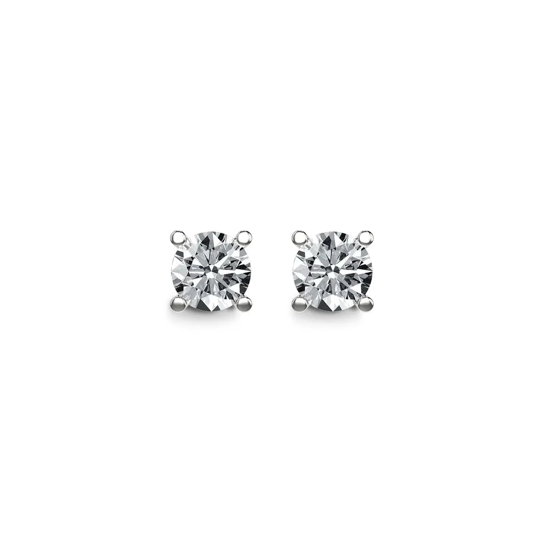 Round lab-grown diamond stud earrings with four-prong white gold settings on white background