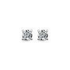 Round lab-grown diamond stud earrings with four-prong white gold settings on white background