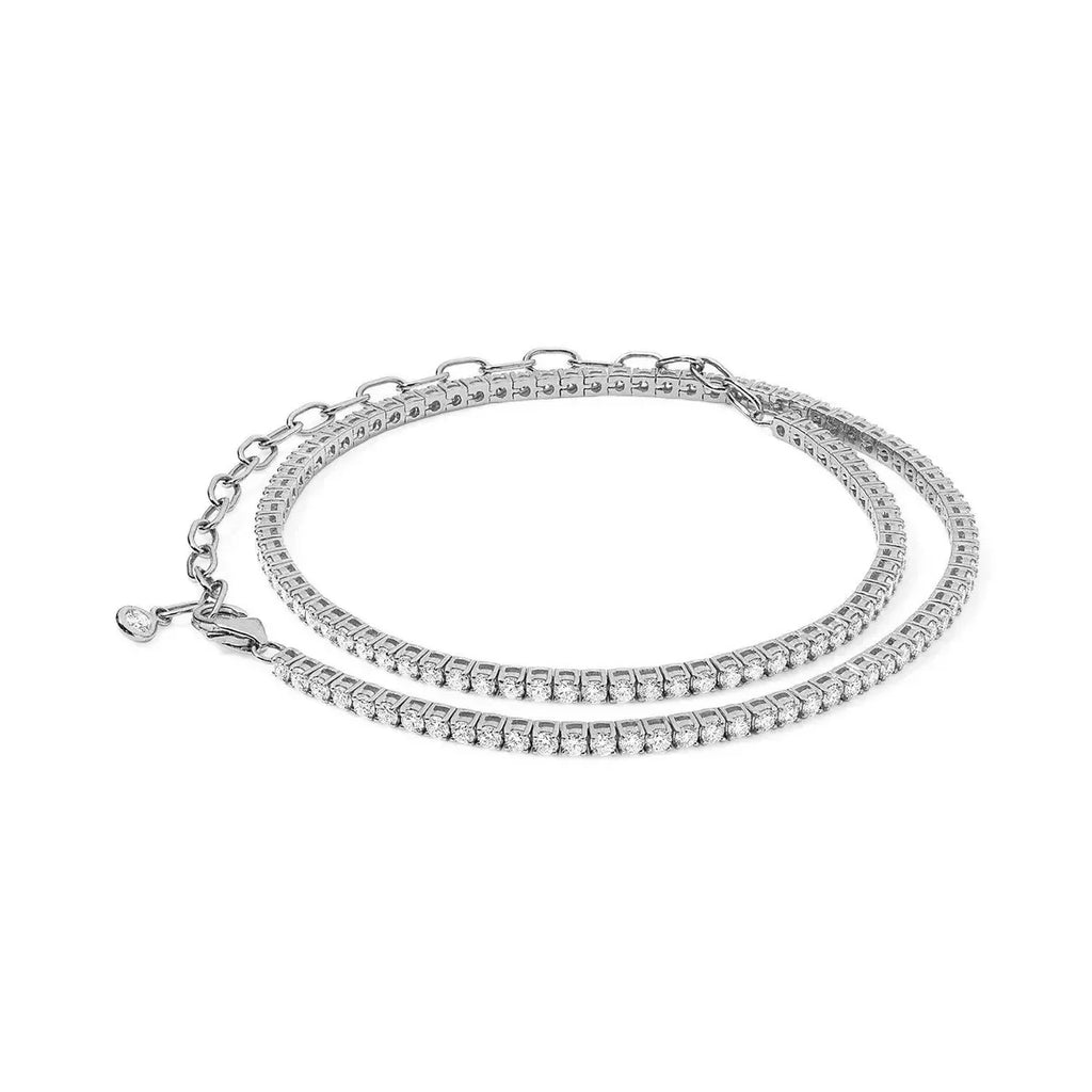 Lab-grown diamond tennis necklace with adjustable silver chain on white background