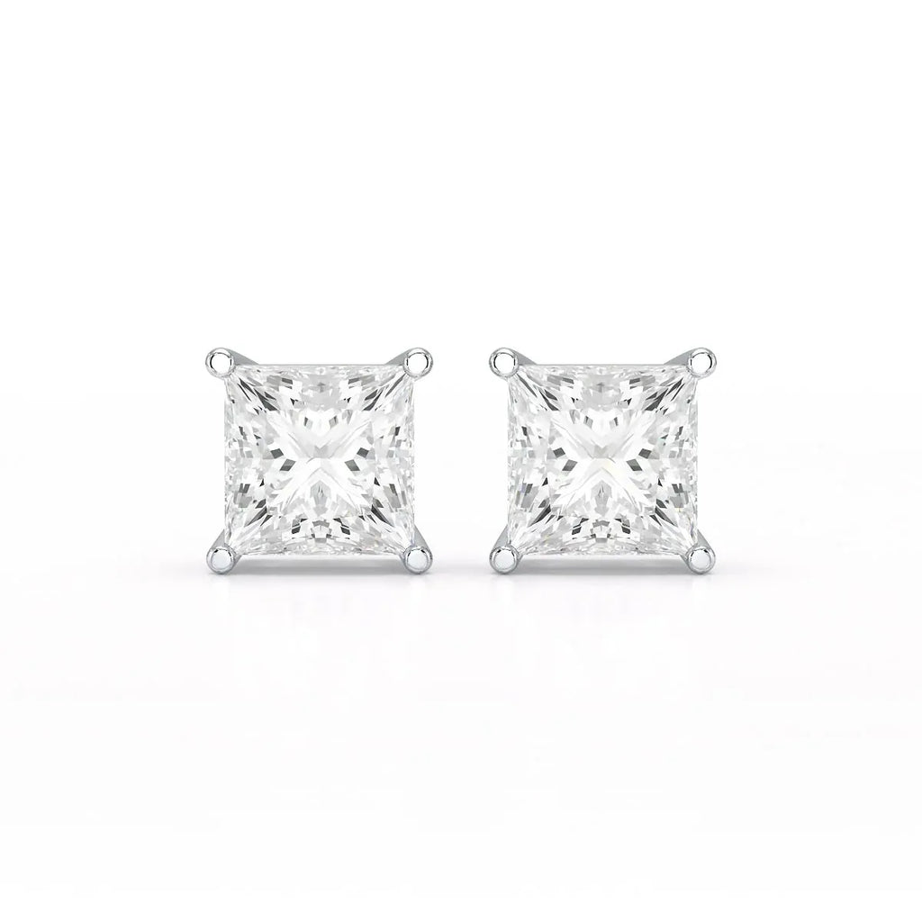 Princess cut lab-grown diamond stud earrings in white metal setting on white background