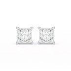 Princess cut lab-grown diamond stud earrings in white metal setting on white background