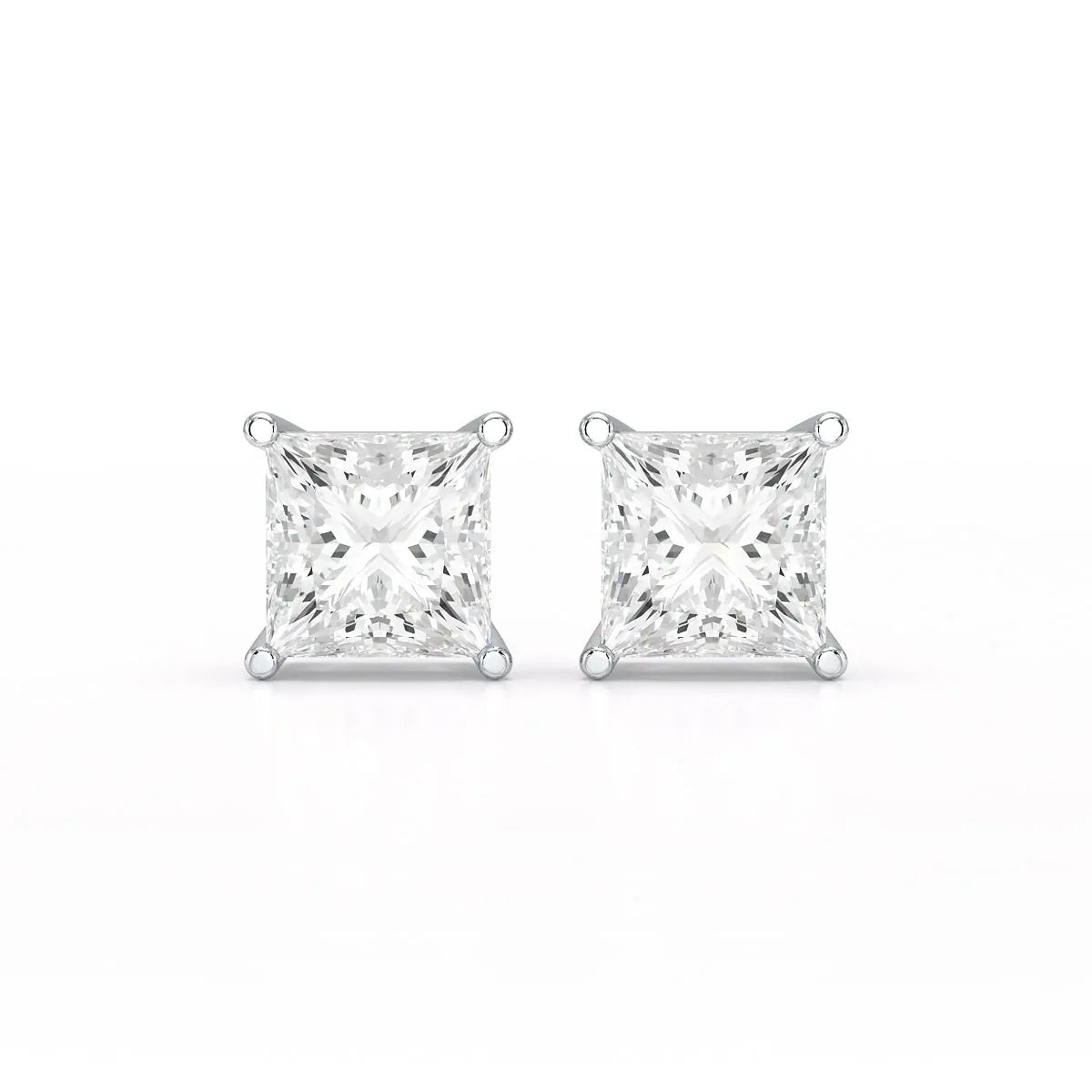 Princess cut lab-grown diamond stud earrings in white metal setting on white background