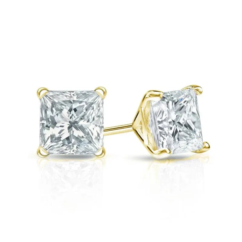 Princess cut lab-grown diamond stud earrings in yellow gold setting