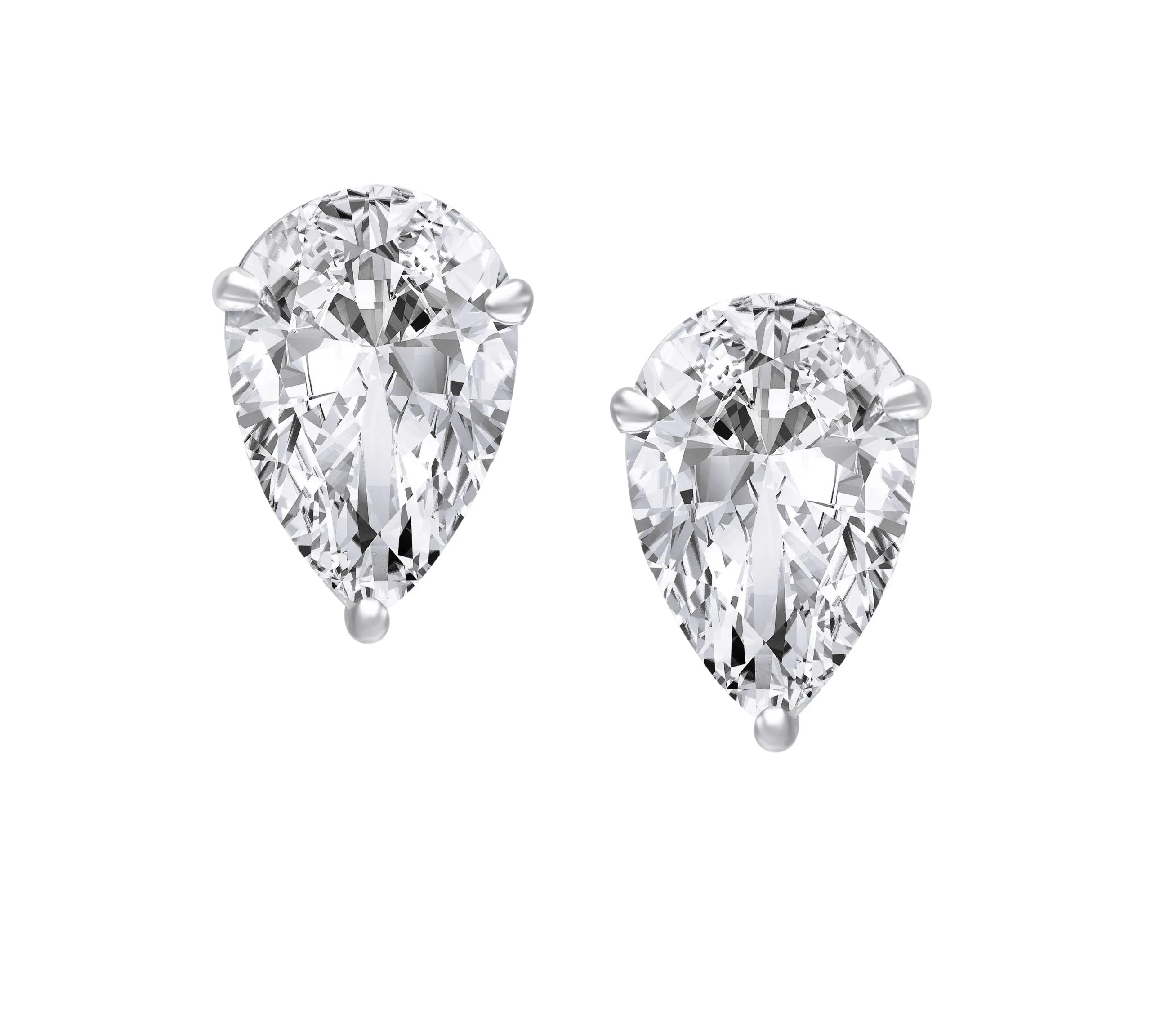 Pear-shaped lab-grown diamond stud earrings in white metal prong setting on white background