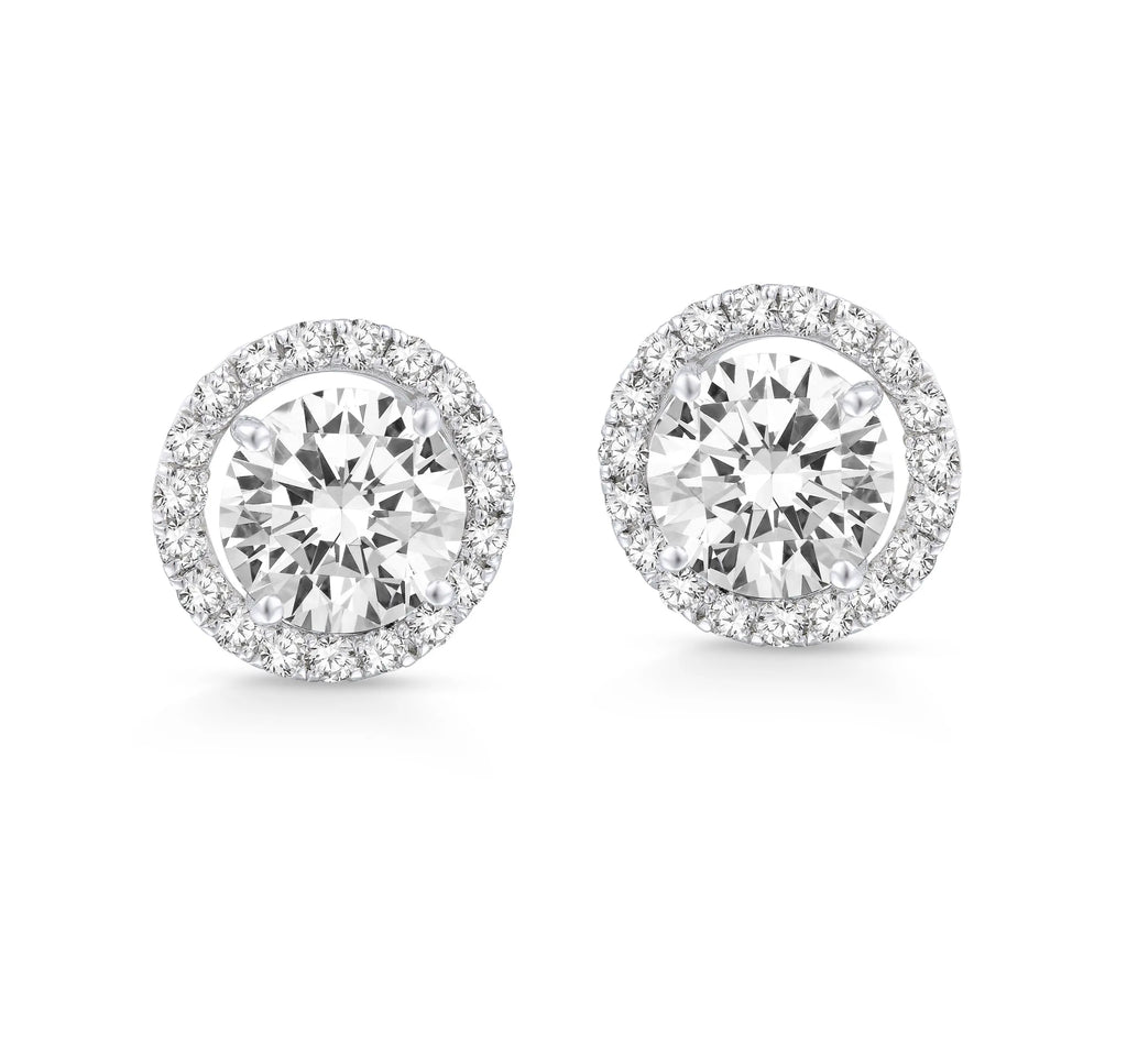 Round lab-grown diamond halo stud earrings in white metal, sparkling on white background
