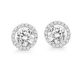 Round lab-grown diamond halo stud earrings in white metal, sparkling on white background