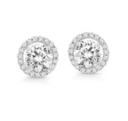 Round lab-grown diamond halo stud earrings in white metal, sparkling on white background