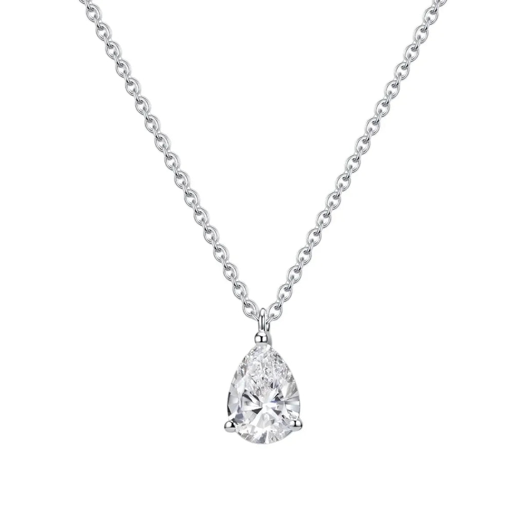 Lab-grown pear-shaped diamond pendant necklace on silver chain, white background