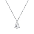 Lab-grown pear-shaped diamond pendant necklace on silver chain, white background