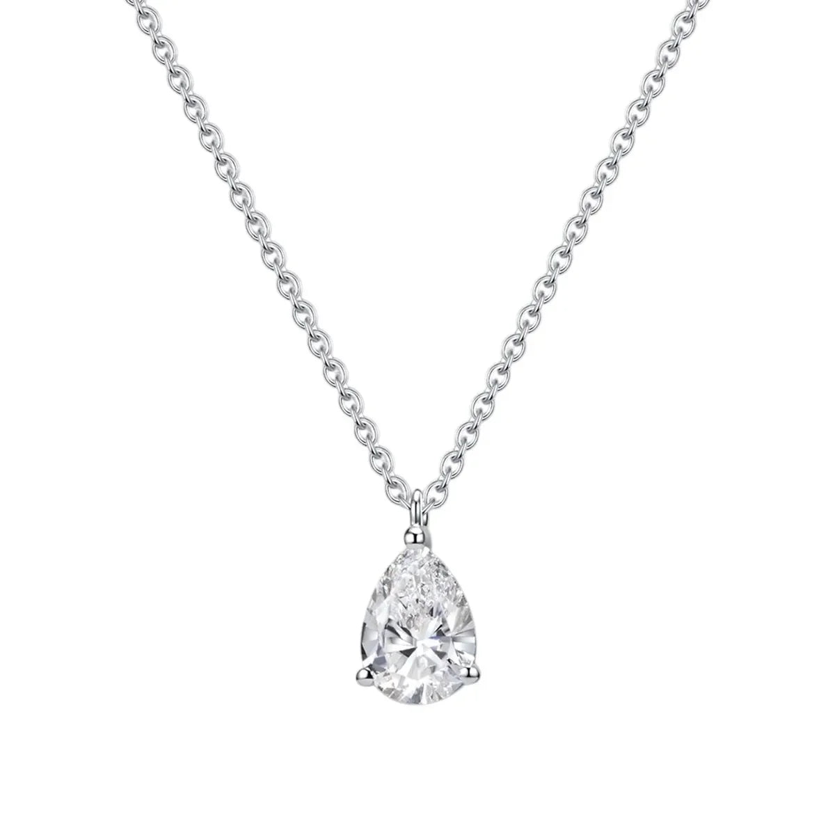Lab-grown pear-shaped diamond pendant necklace on silver chain, white background