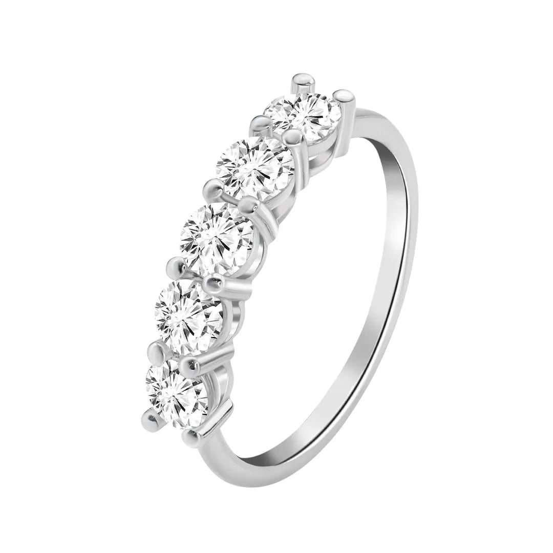 White gold ring with five round lab-grown diamonds in a row on a white background