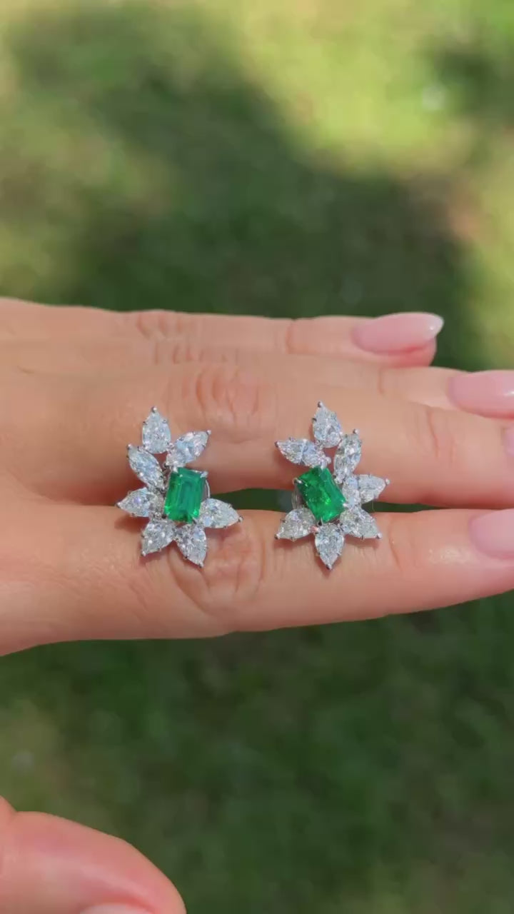 0.80 Ct each Natural Emerald Stud Earrings with 6.51 cttw Natural Diamonds